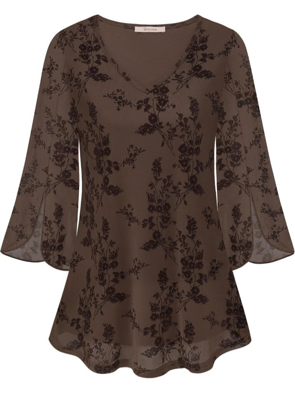 〽️Womens Coffee Ruffle 3/4 Sleeve V Neck Double Layer Mesh Loose Flowy Tunic Top